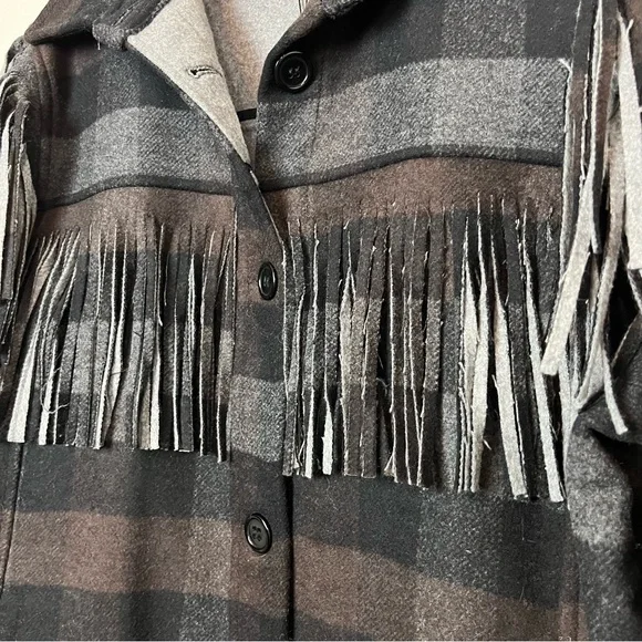 NWT Something Navy Charcoal Combo Plaid Fringe Shacket Size XL Women